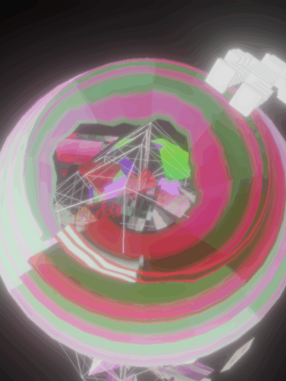 Eine leuchtende, abstrakte 3D-Kugel mit bunten Ringen, geometrischen Formen und Neon-Akzenten auf einem dunklen Hintergrund.