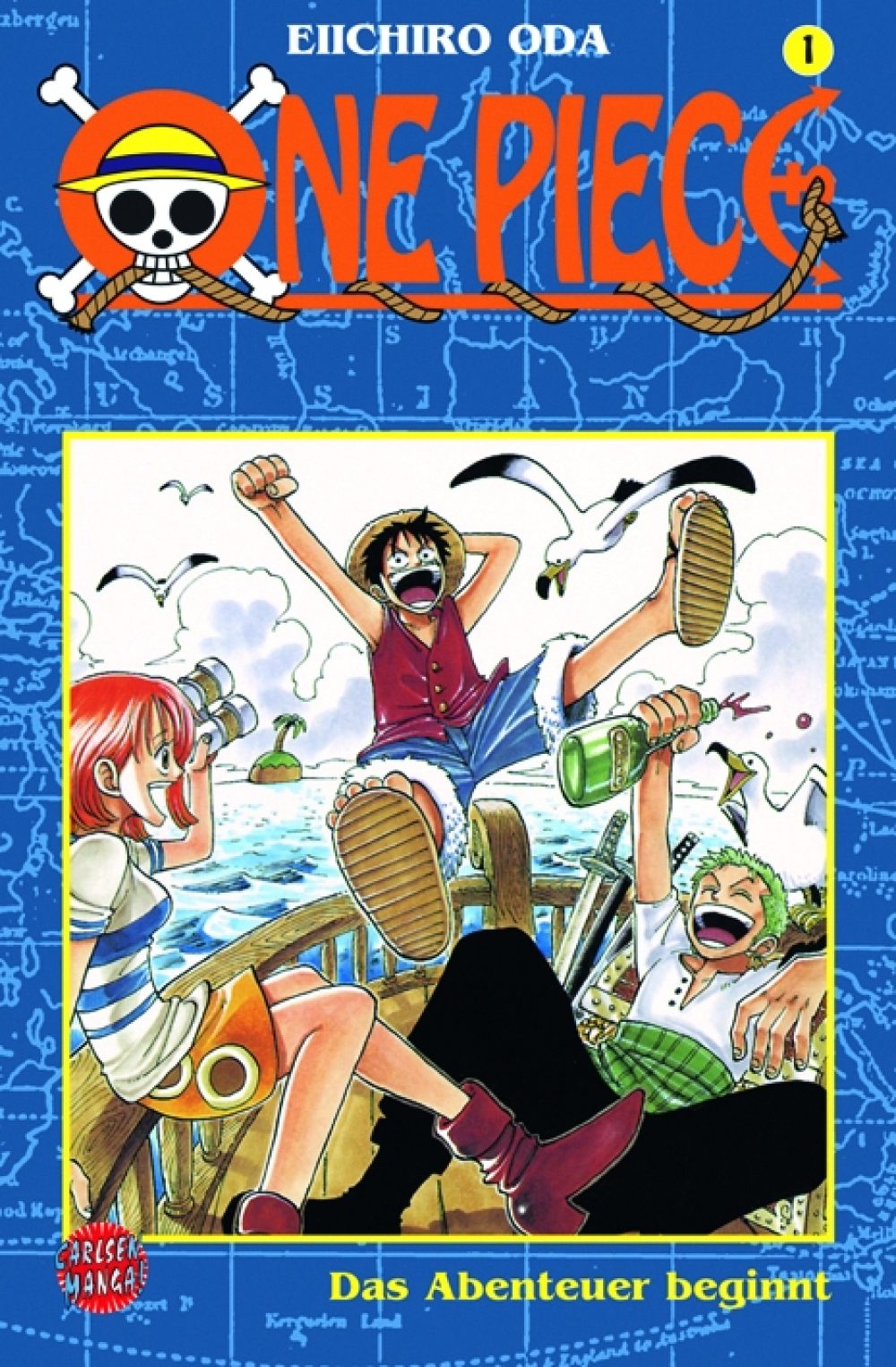 Drei animierte Figuren feiern lachend und trinkend auf einem Boot, über ihnen der Titel des Mangas One Piece.