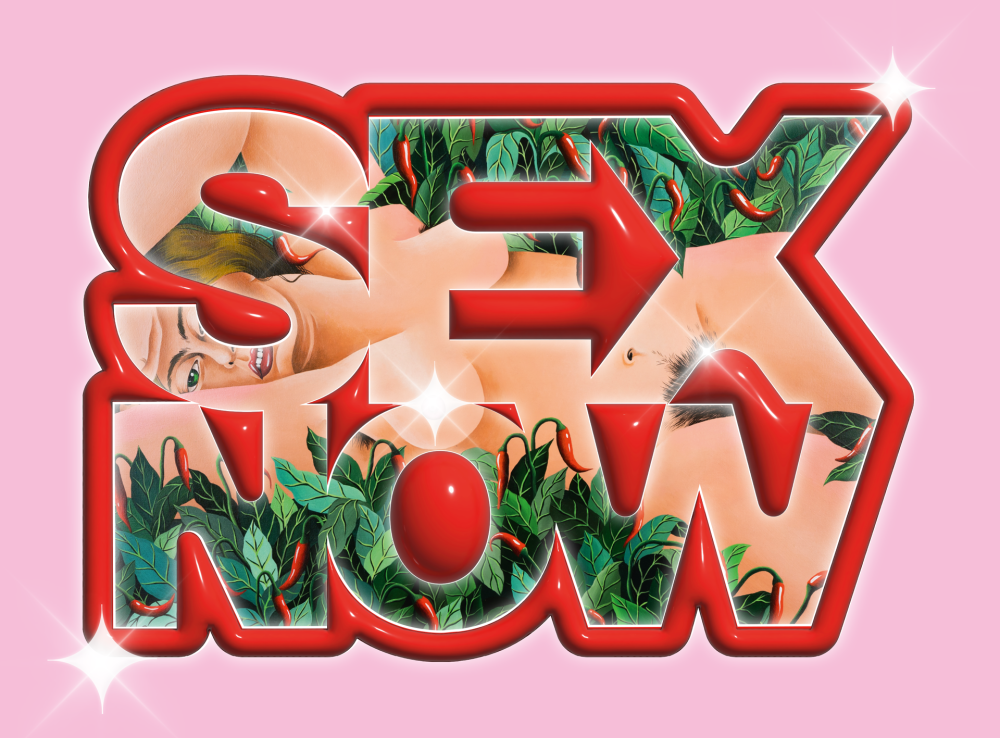 Fetter roter Text SEX NOW über einer nackten Figur mit grünen Blättern und roten Chilischoten, auf einem rosa Hintergrund mit Glitzer.