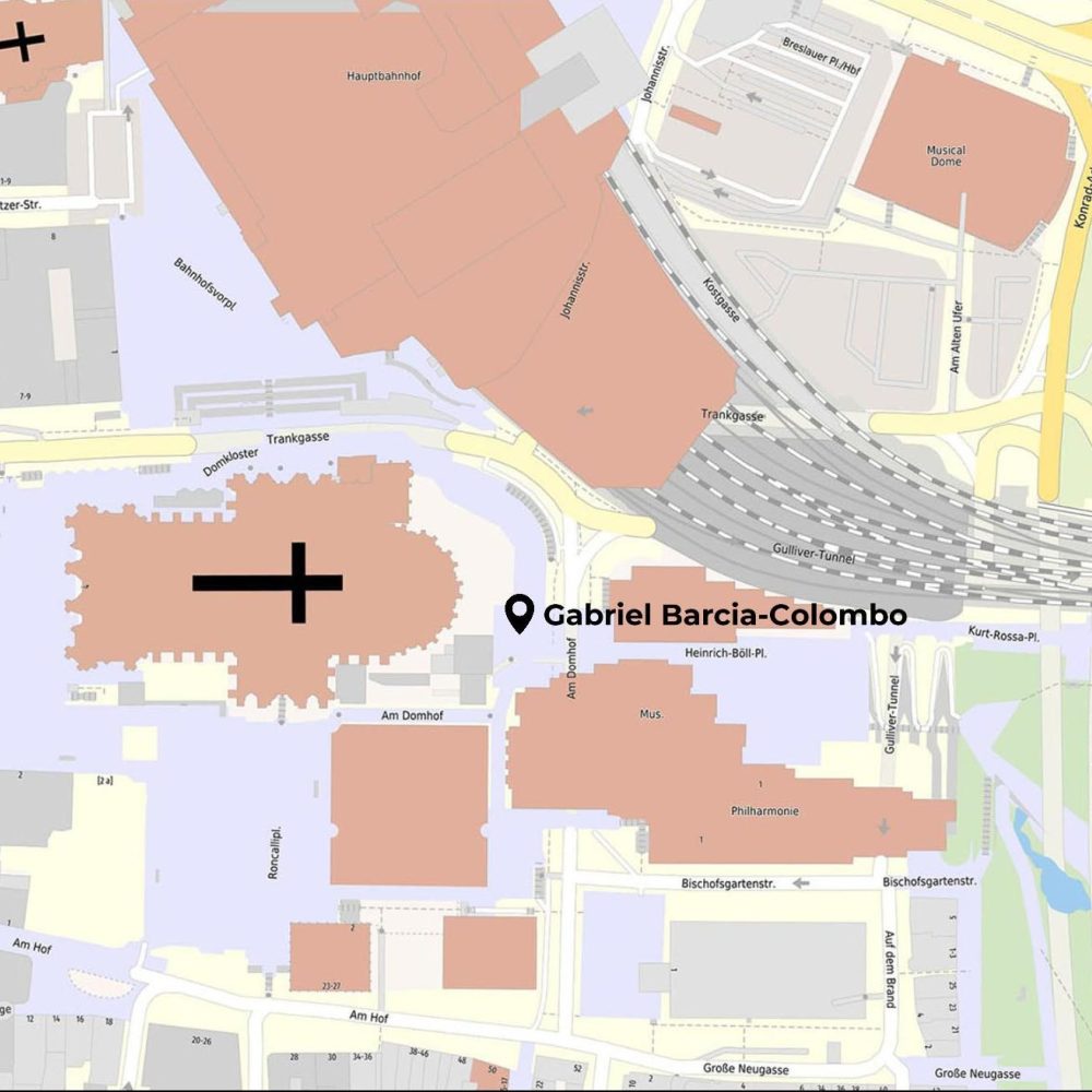 Ein Stadtplan, der die Lage von Gabriel Barcia-Colombo in der Nähe großer Gebäude und Hauptstraßen an einem Fluss hervorhebt.