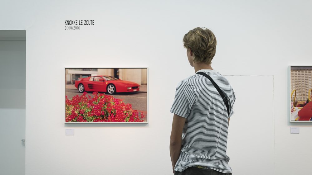 A young man looks at a photo of a red sports car in front of red flowers