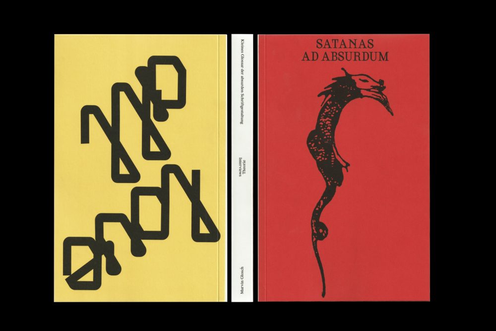 Zwei Buchdeckel: ein gelber mit abstrakten schwarzen Formen und ein roter mit einem schwarzen Drachen und dem Titel SATANAS AD ABSURDUM.