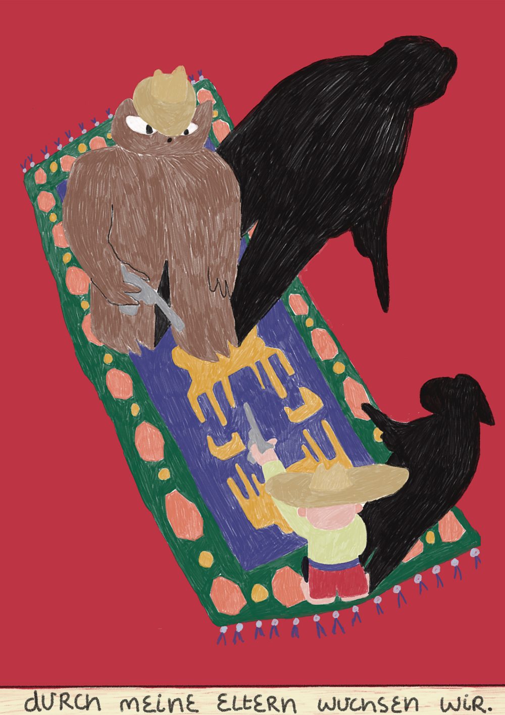 Cartoon-Figuren und schwarze Schatten stehen auf einem gemusterten Teppich vor einem roten Hintergrund. Am unteren Rand erscheint ein deutscher Text.