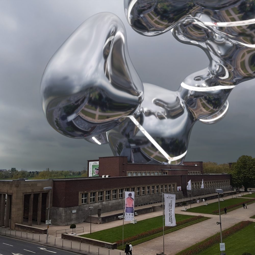 Virtual extension of the NRW Forum hovering above the museum with reflections of the Ehrenhof on the reflecting surface