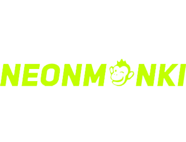 Das Wort NEONMONKI in leuchtend gelb-grüner Schrift, wobei das O durch ein Cartoon-Affengesicht ersetzt ist.