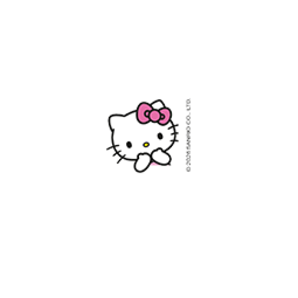 Hello Kitty mit einer rosa Schleife, die mit den Pfoten vor dem Mund hervorschaut, auf weißem Hintergrund.