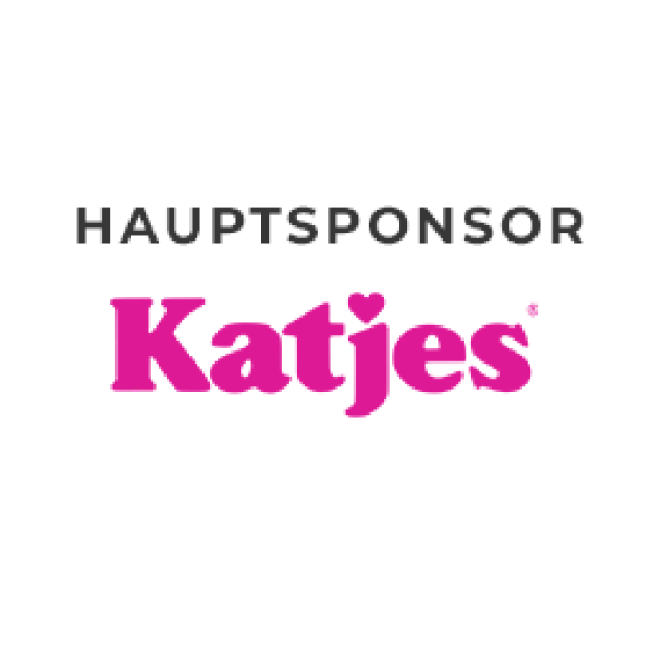 Das Katjes-Logo in Rosa mit einem Herz über dem „j“ und darüber in Schwarz die Aufschrift „HAUPTSPONSOR“ auf weißem Hintergrund.