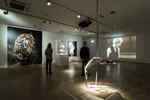 Zwei Personen schauen sich in der dunkel beleuchteten Ausstellung Körperwende Kunstwerke an
