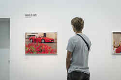 A young man looks at a photo of a red sports car in front of red flowers