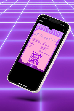 Ein Handy im Cyberspace mit Daten der Veranstaltung. Violetter Rasterhintergrund, rosa Telefonscreen.